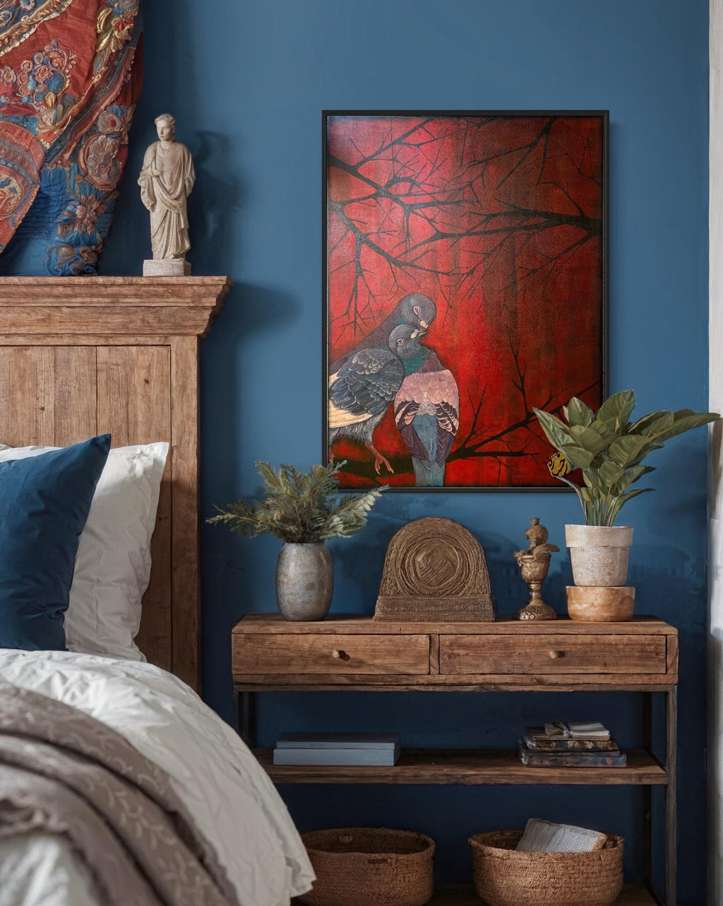 Original Pigeon Acrylic Painting – Red Abstract Nature Art, 30x40