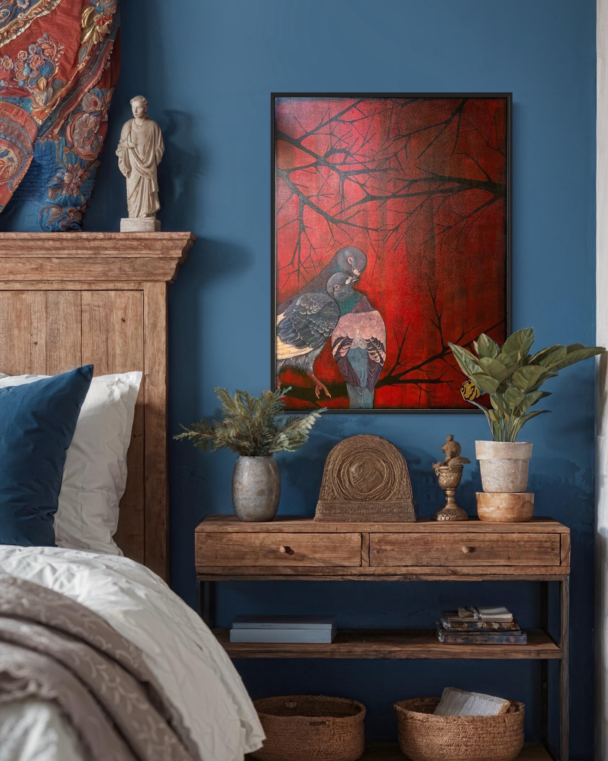 Original Pigeon Acrylic Painting – Red Abstract Nature Art, 30x40