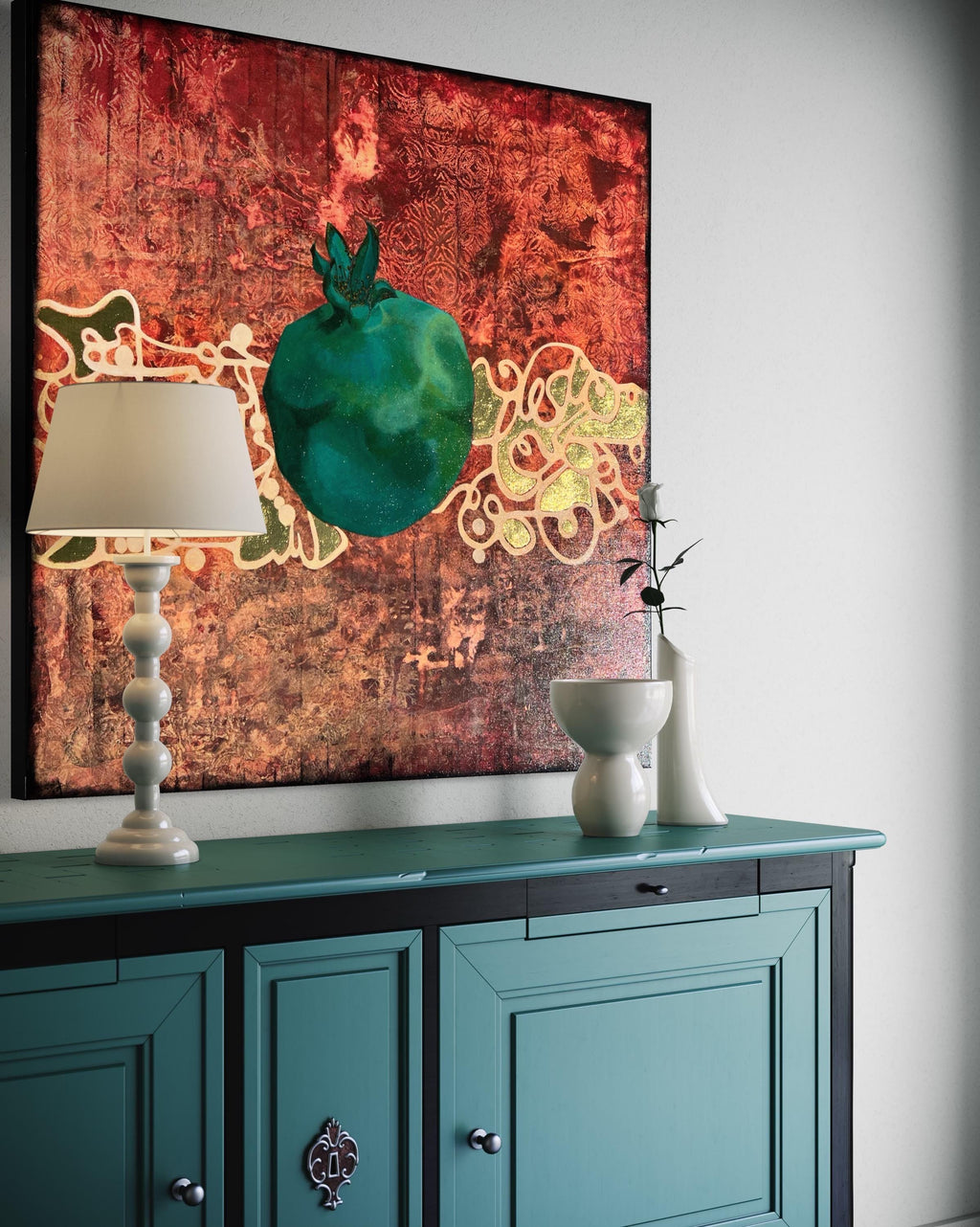 Abstract Pomegranate Painting – Red Texture Art with Teal Fruit
