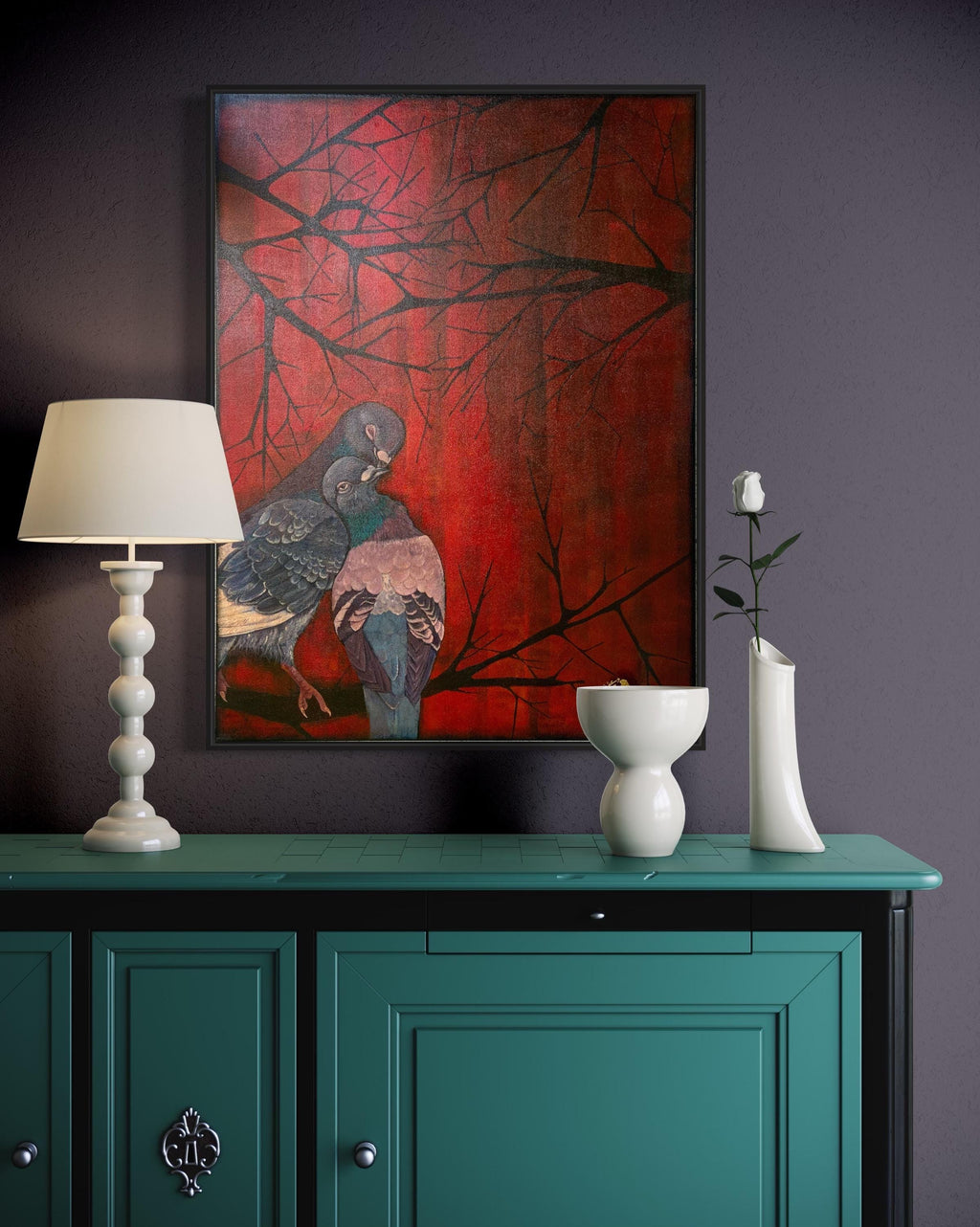 Original Pigeon Acrylic Painting – Red Abstract Nature Art, 30x40