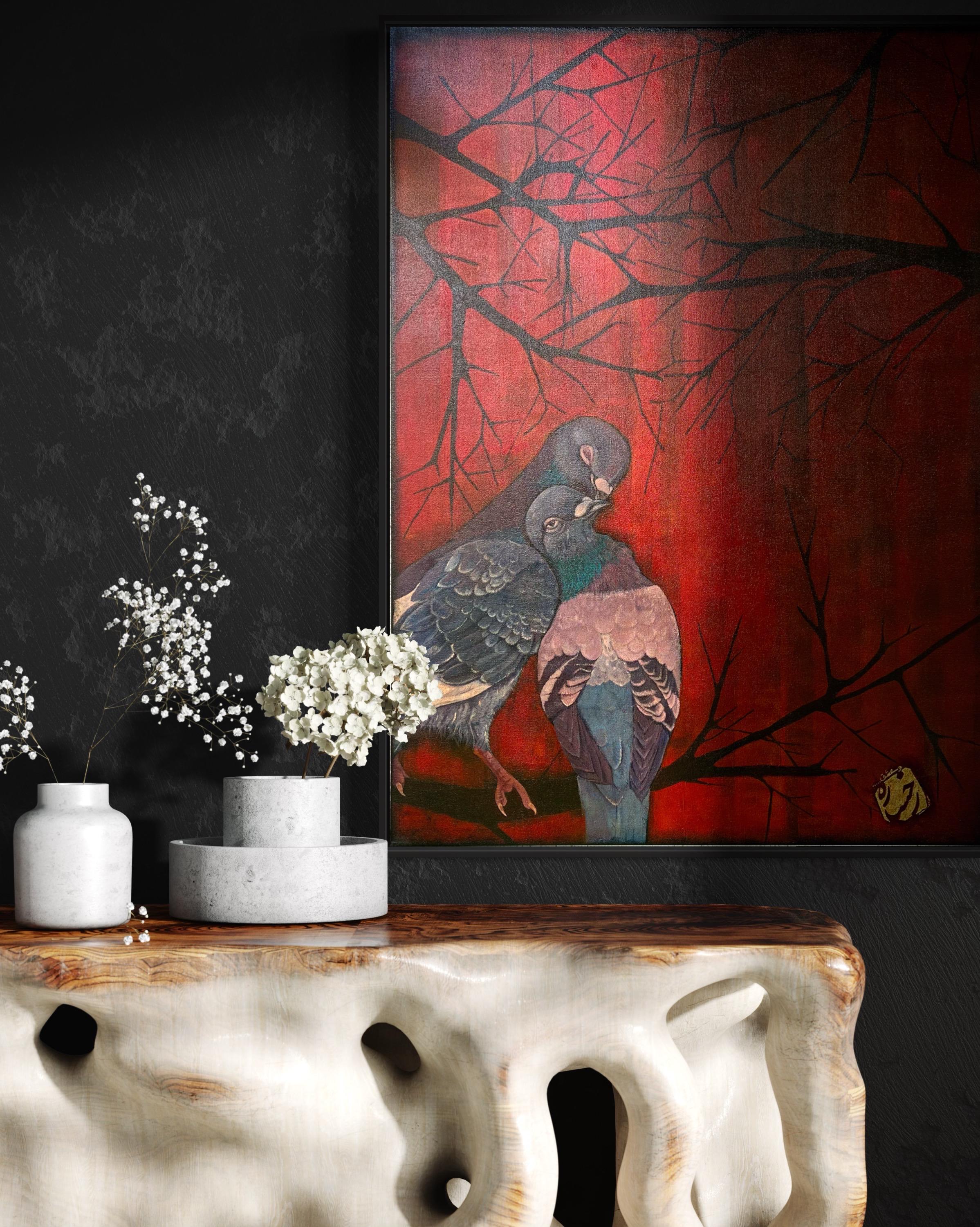 Original Pigeon Acrylic Painting – Red Abstract Nature Art, 30x40