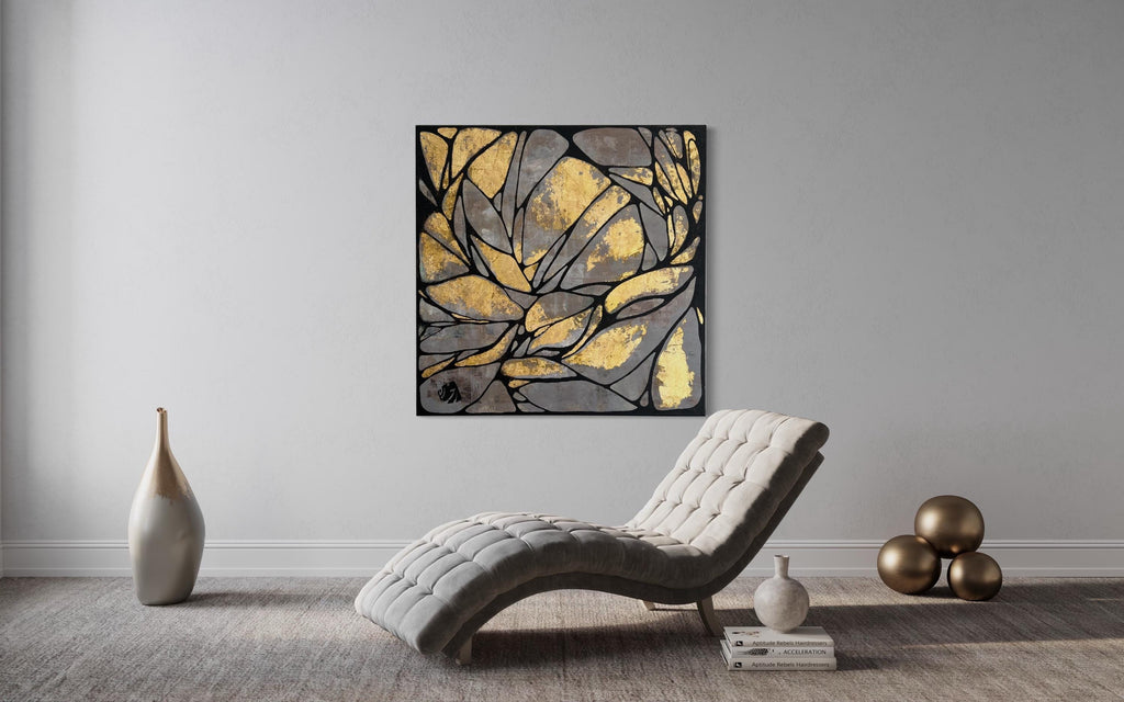 Abstract Gold Leaf Painting on Canvas – Modern Textured Art (36x36 in)