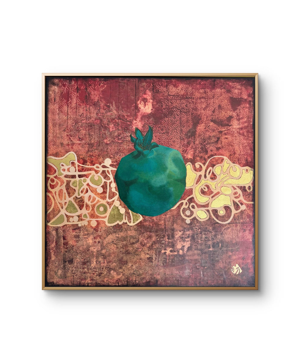 Abstract Pomegranate Painting – Red Texture Art with Teal Fruit