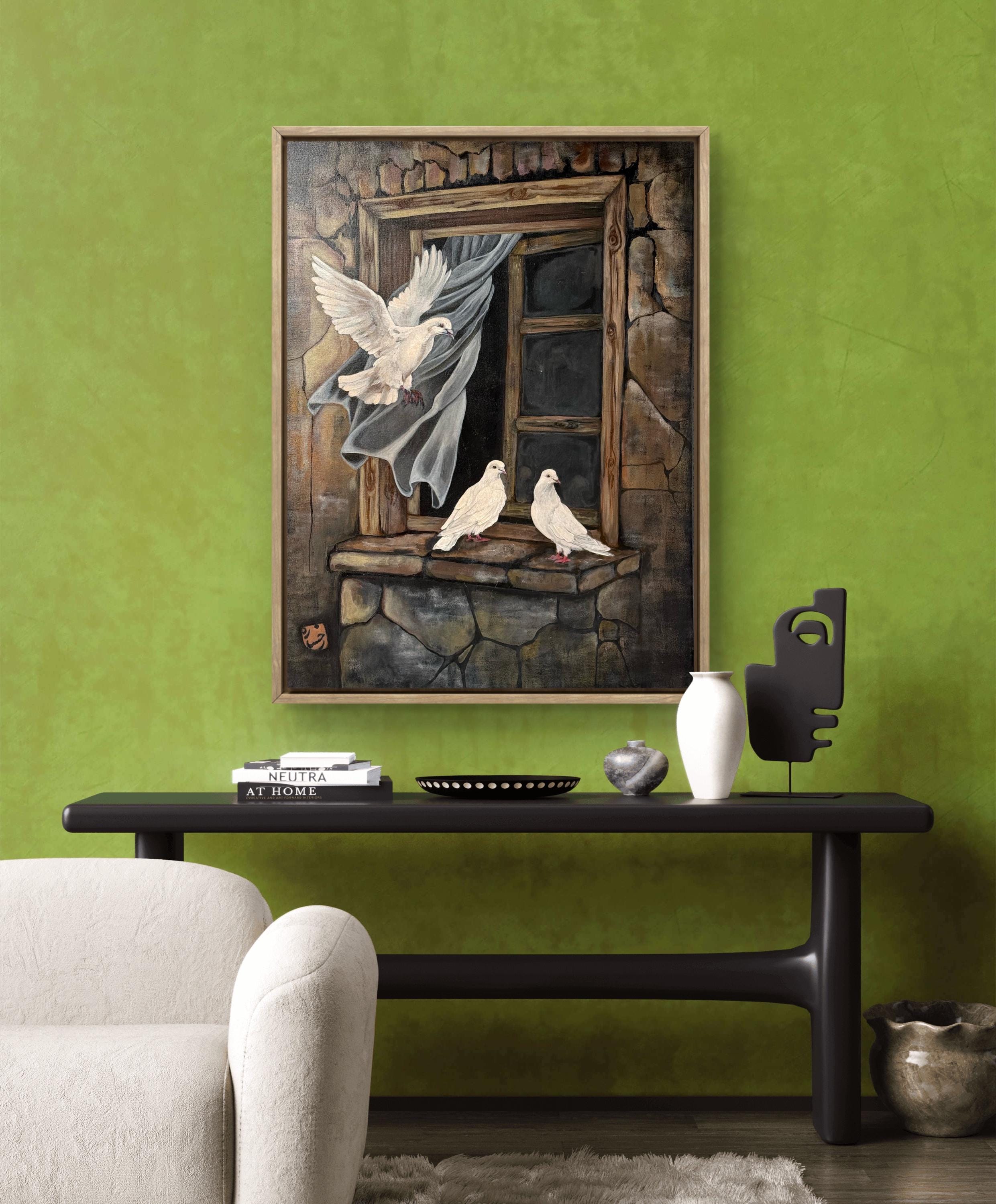 White Doves at the Old Window – Original Acrylic Painting on Canvas – Symbolic Peace & Freedom Art