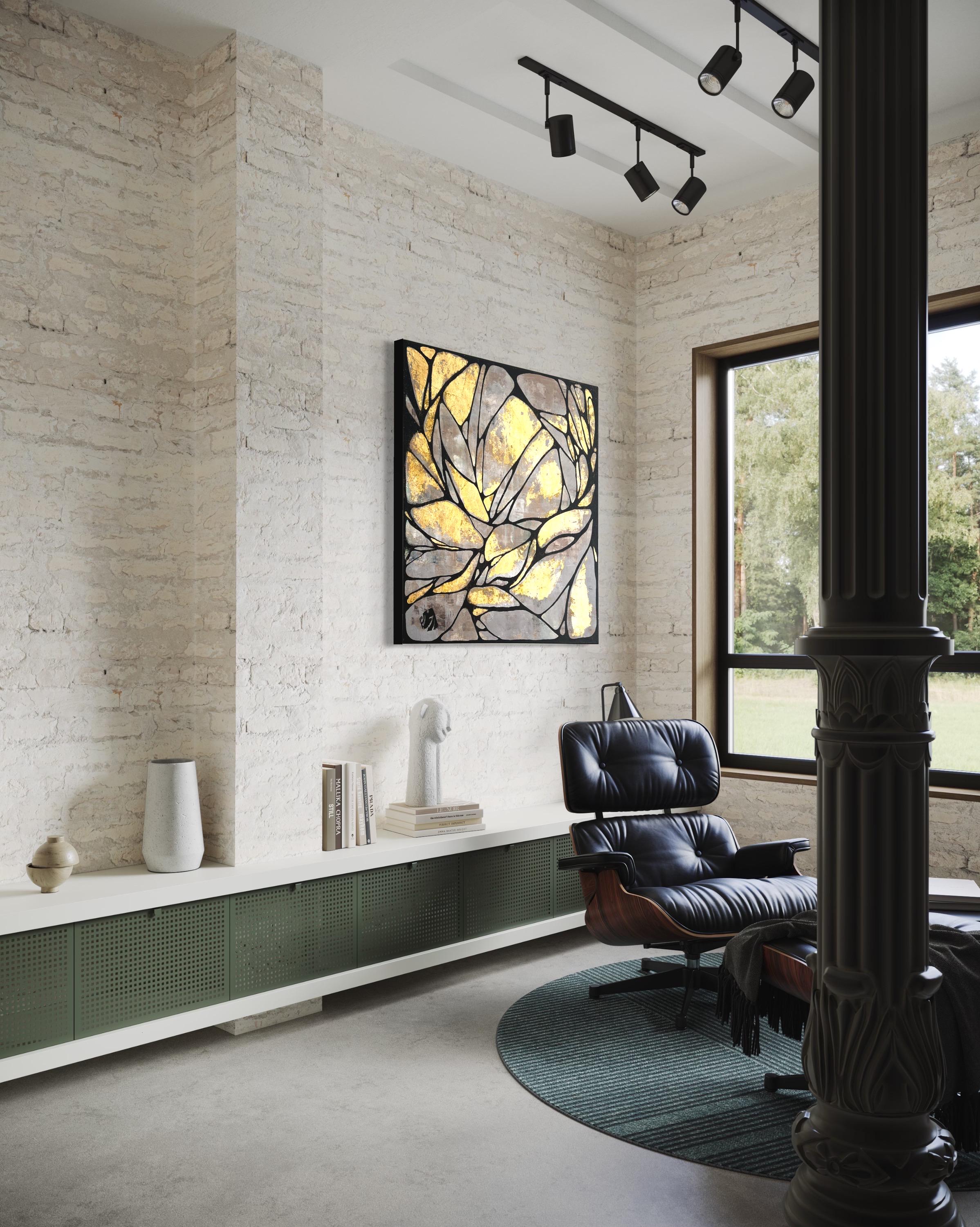 Abstract Gold Leaf Painting on Canvas – Modern Textured Art (36x36 in)