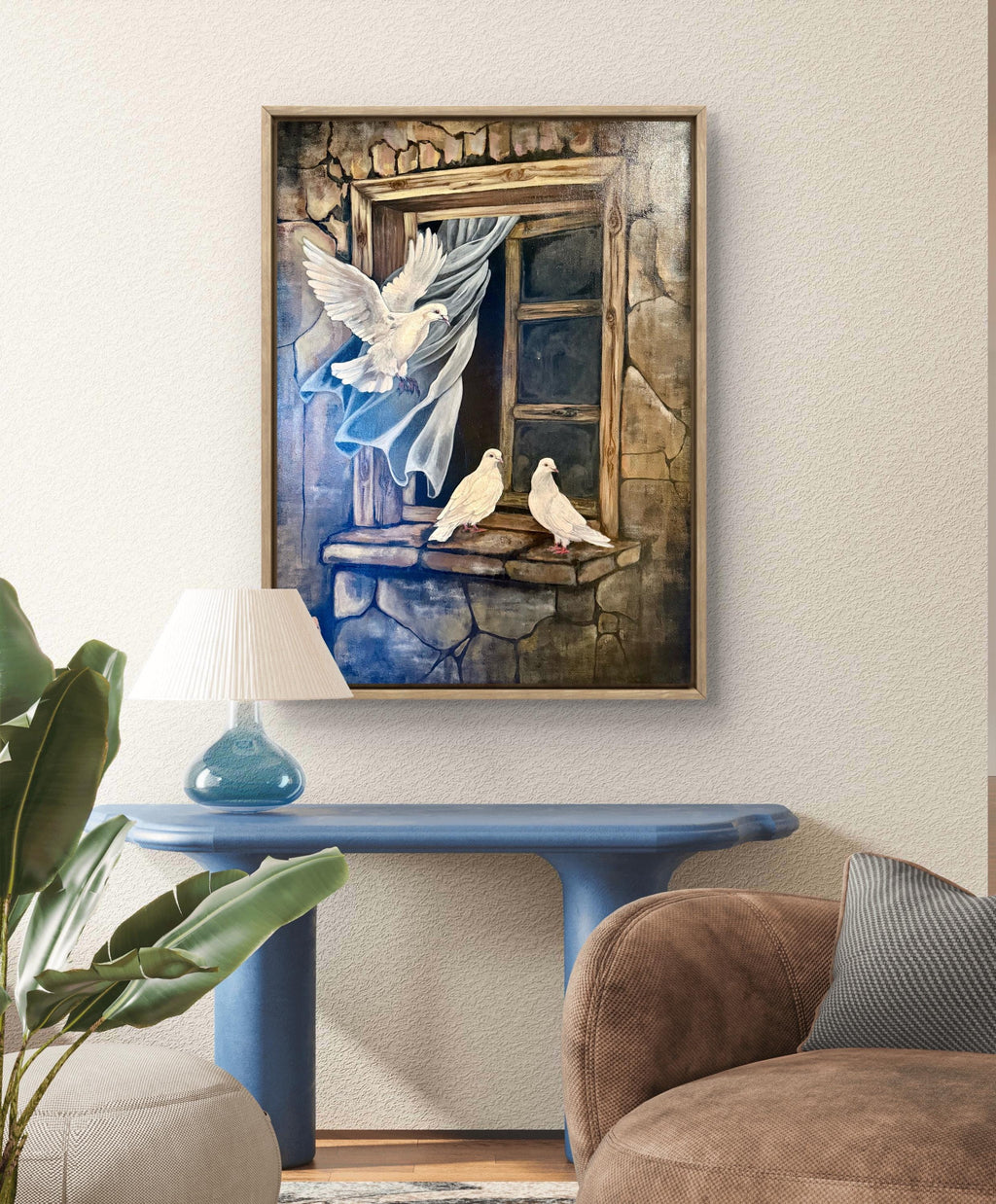 White Doves at the Old Window – Original Acrylic Painting on Canvas – Symbolic Peace & Freedom Art