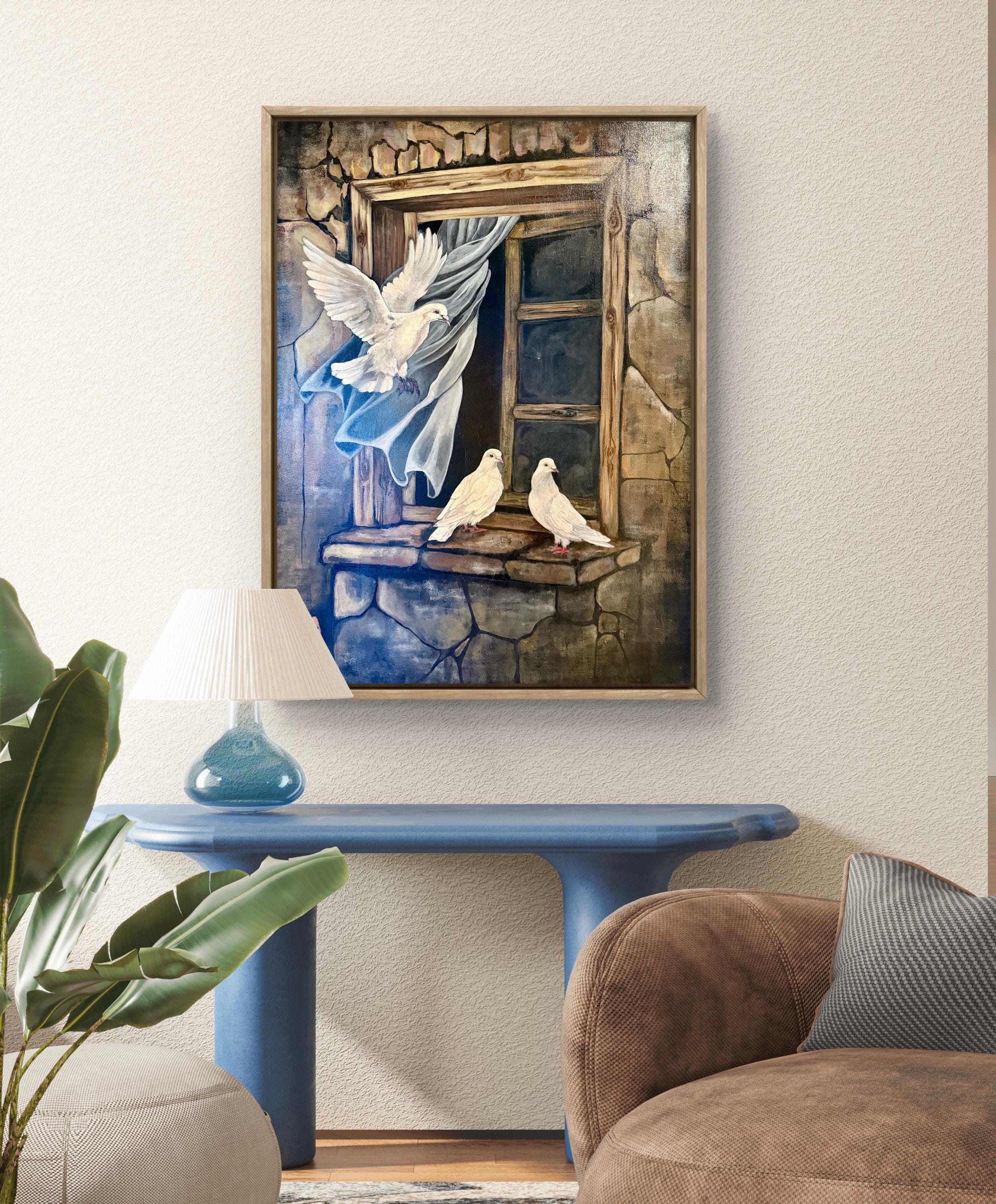 White Doves at the Old Window – Original Acrylic Painting on Canvas – Symbolic Peace & Freedom Art
