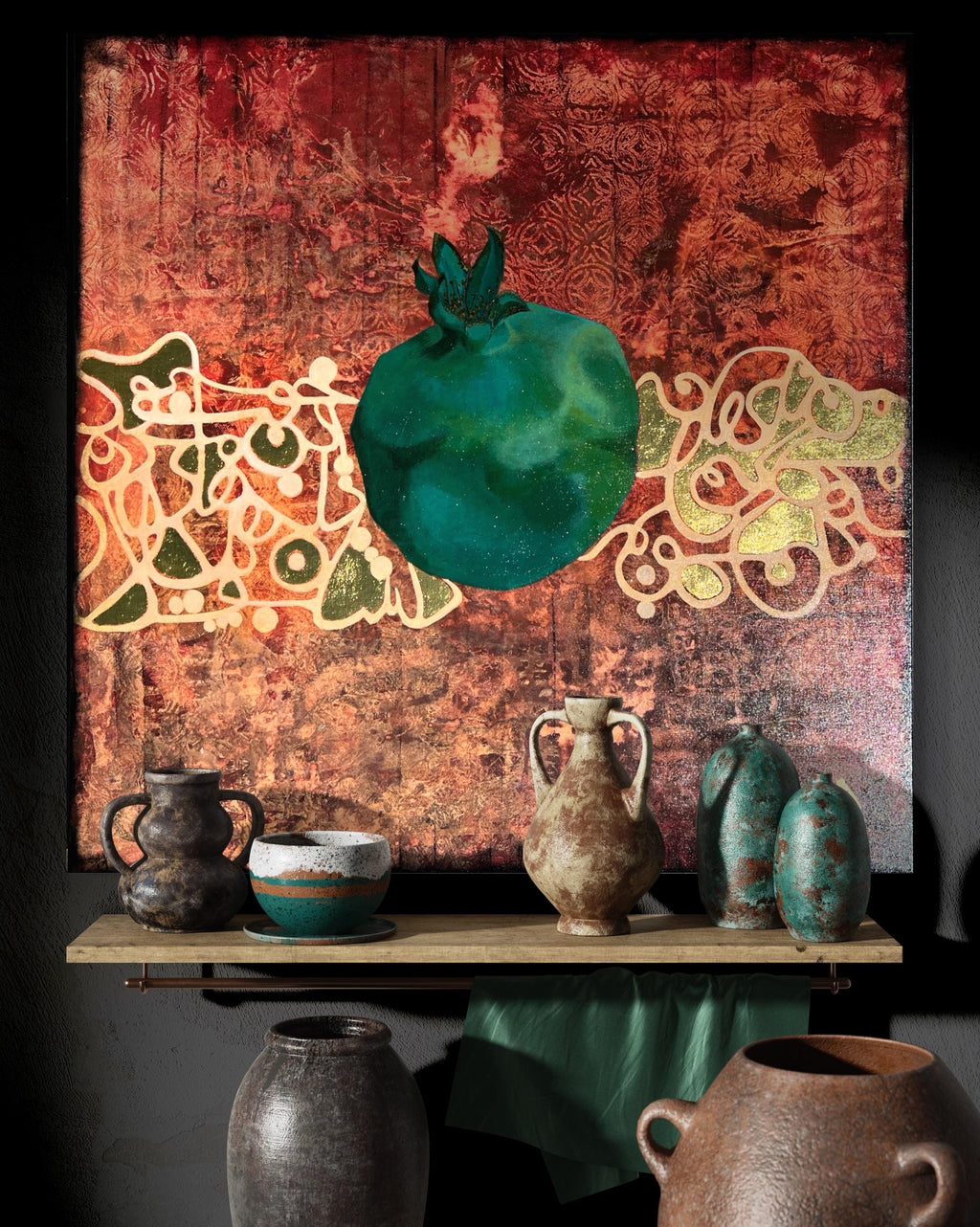 Abstract Pomegranate Painting – Red Texture Art with Teal Fruit