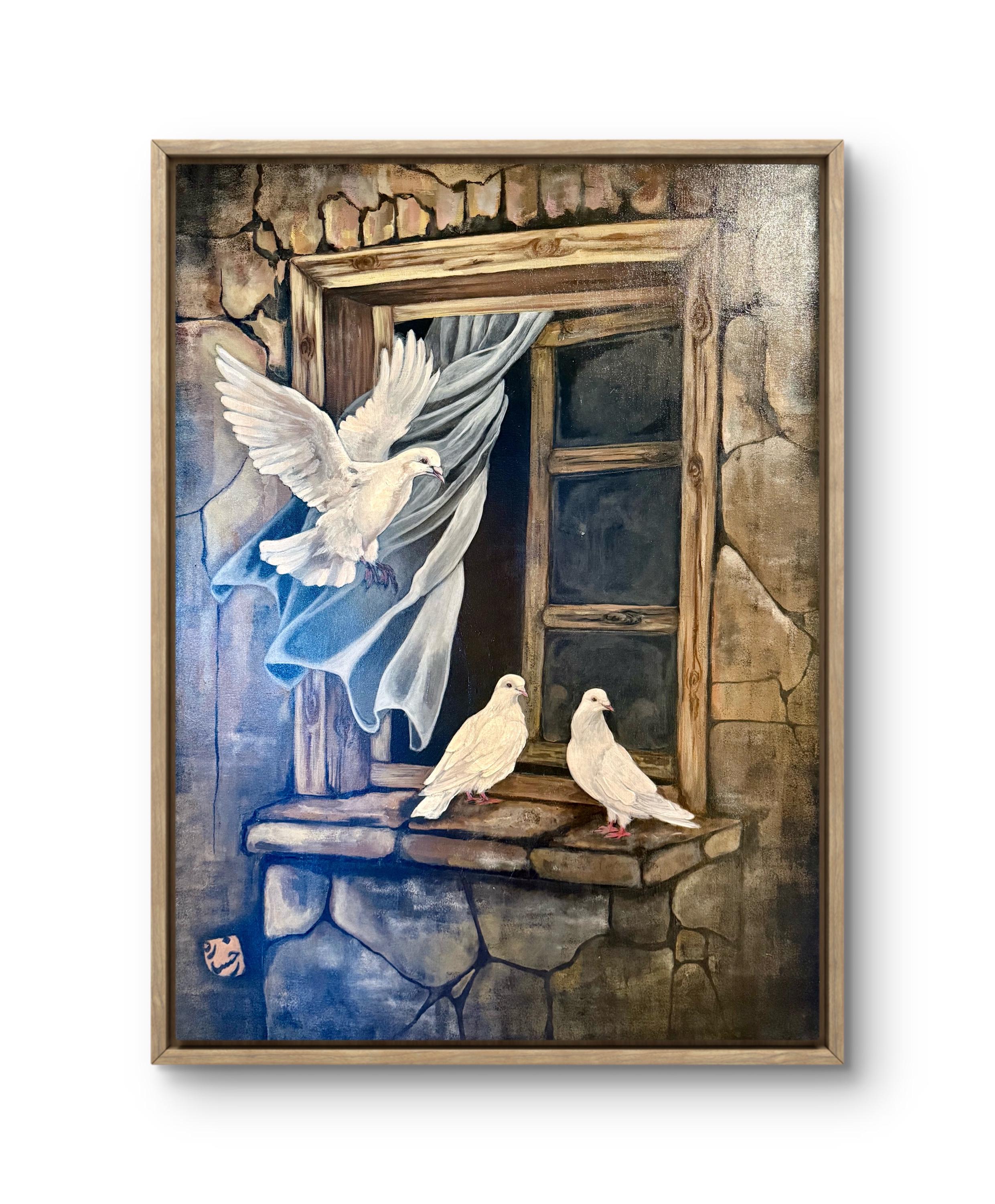 White Doves at the Old Window – Original Acrylic Painting on Canvas – Symbolic Peace & Freedom Art