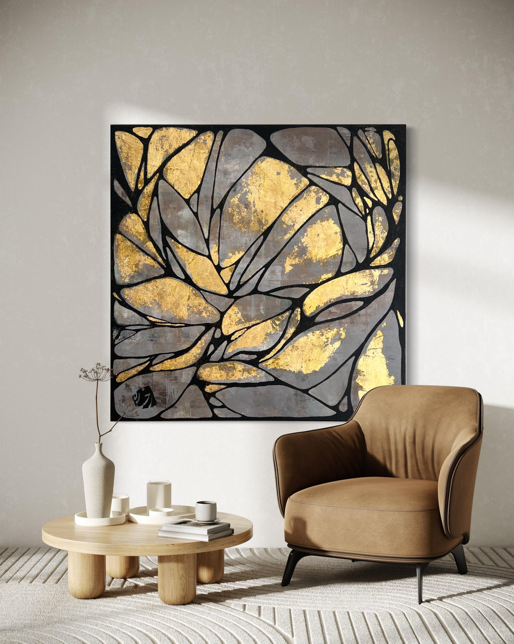 Abstract Gold Leaf Painting on Canvas – Modern Textured Art (36x36 in)