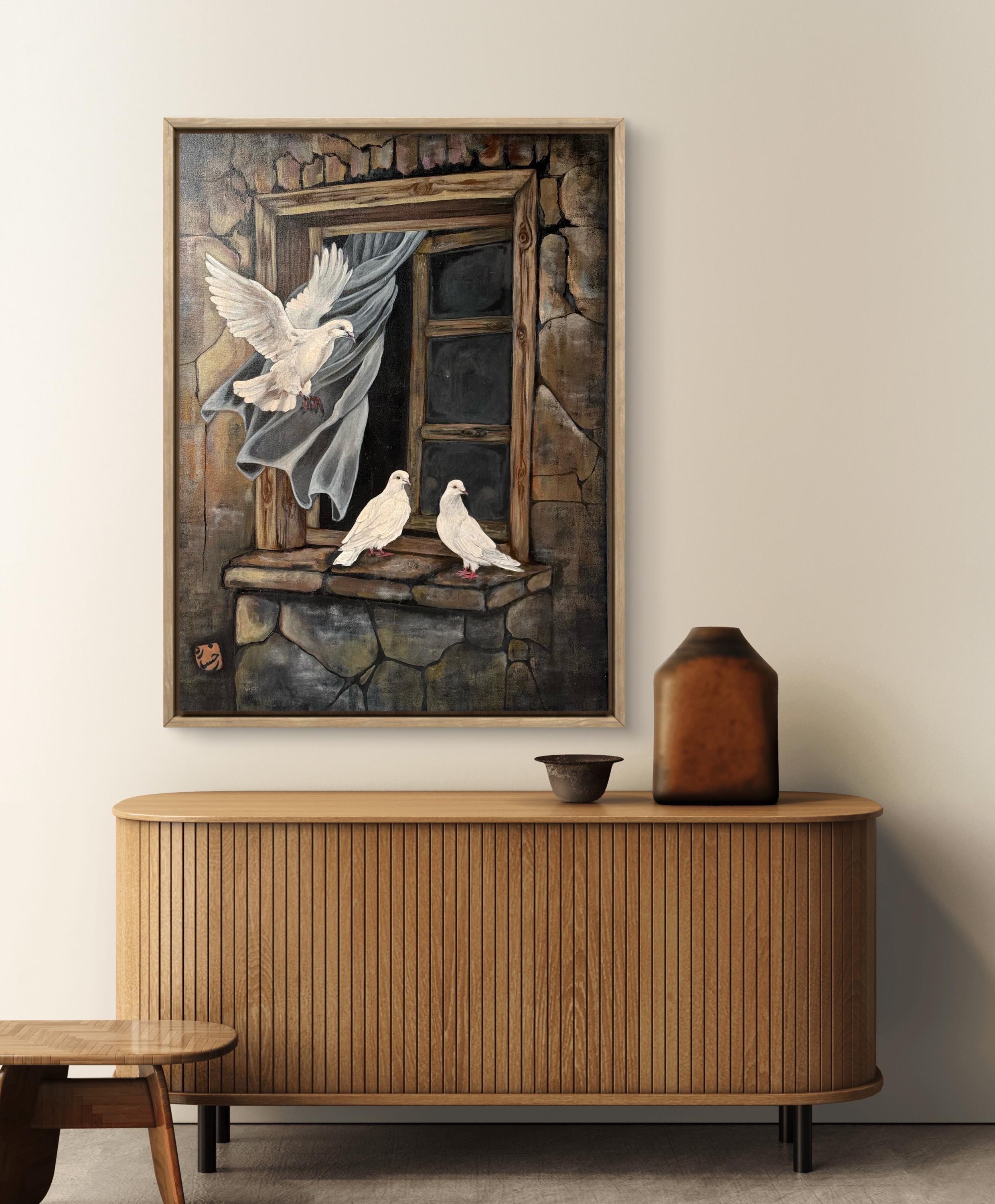 White Doves at the Old Window – Original Acrylic Painting on Canvas – Symbolic Peace & Freedom Art