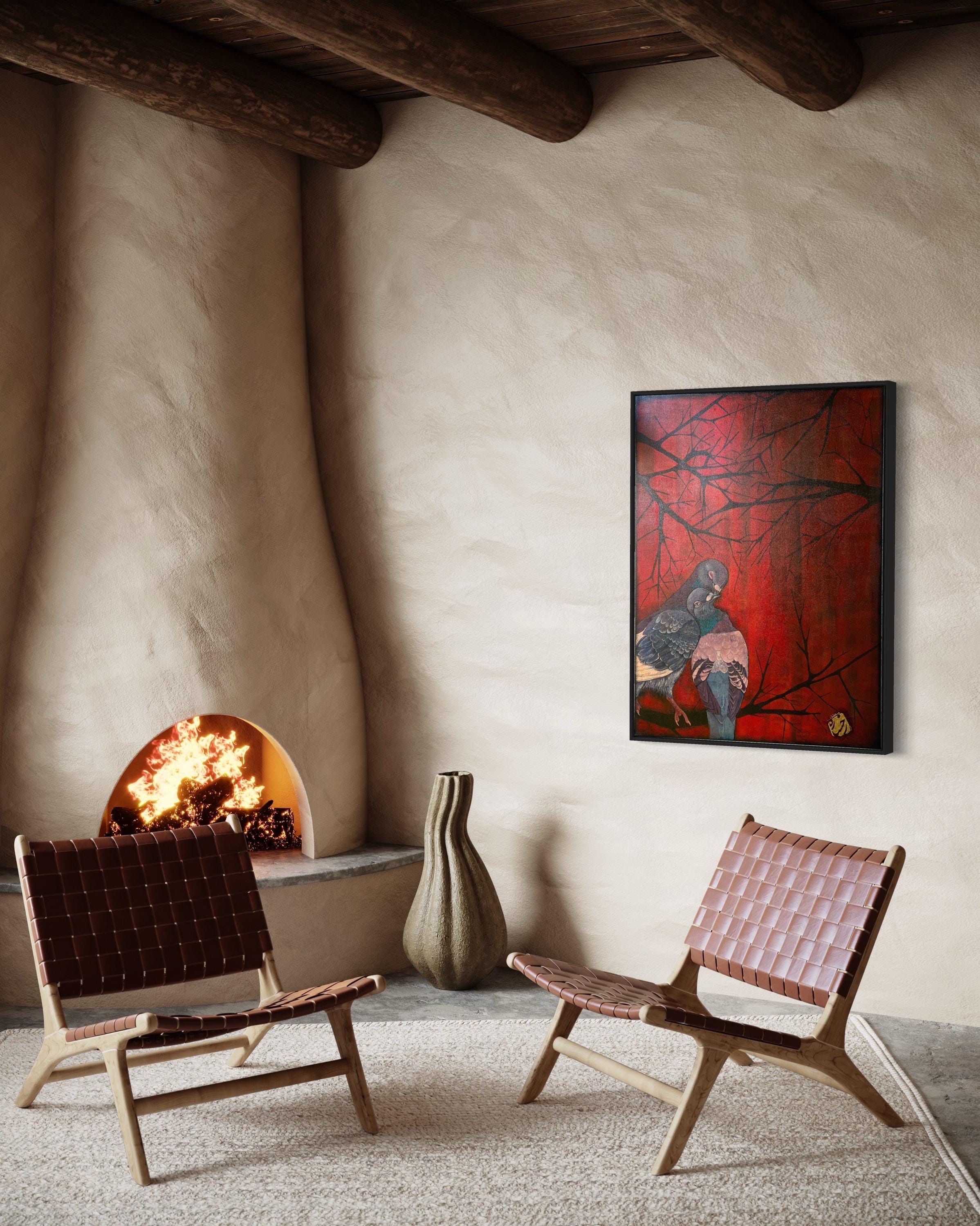 Original Pigeon Acrylic Painting – Red Abstract Nature Art, 30x40