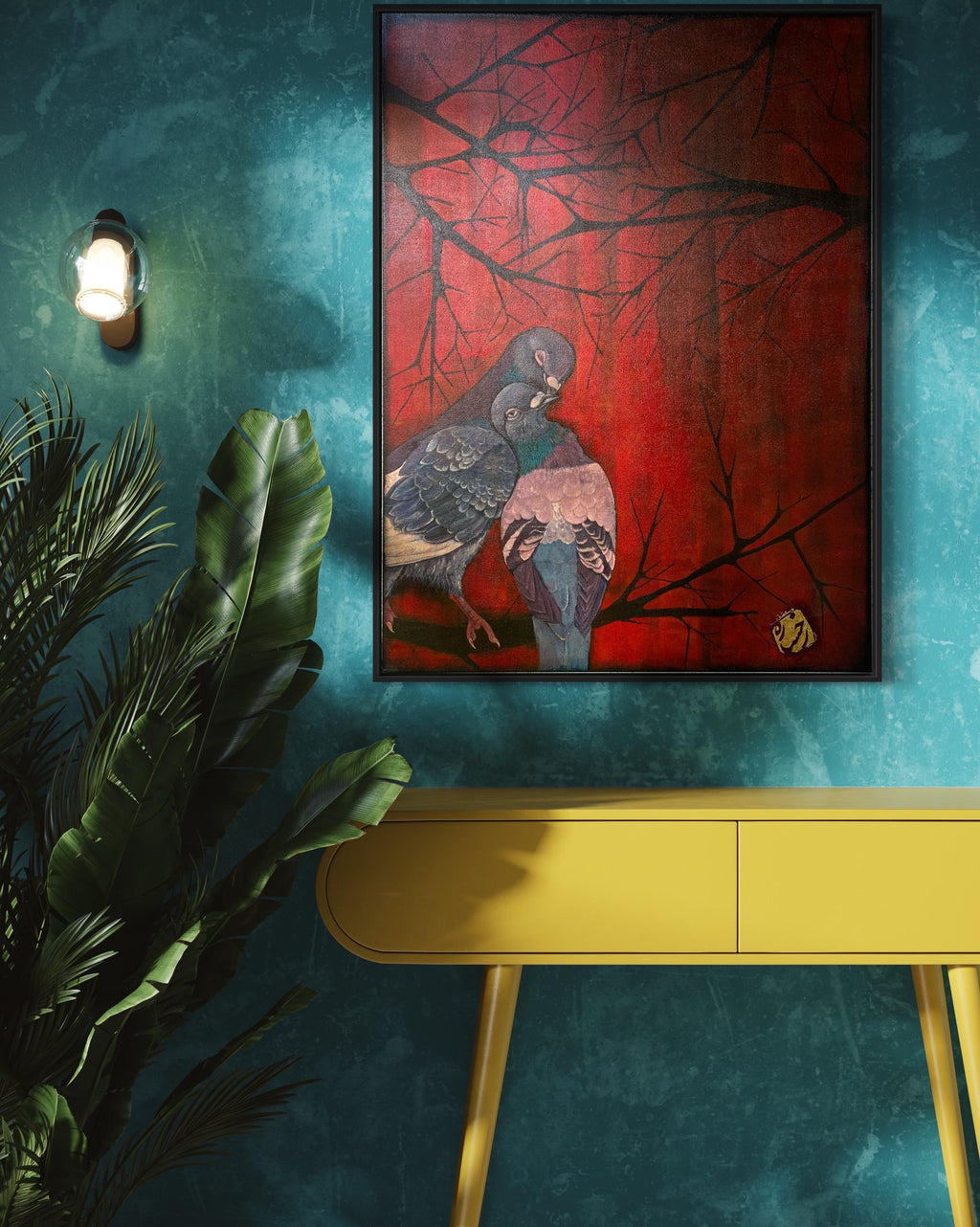 Original Pigeon Acrylic Painting – Red Abstract Nature Art, 30x40