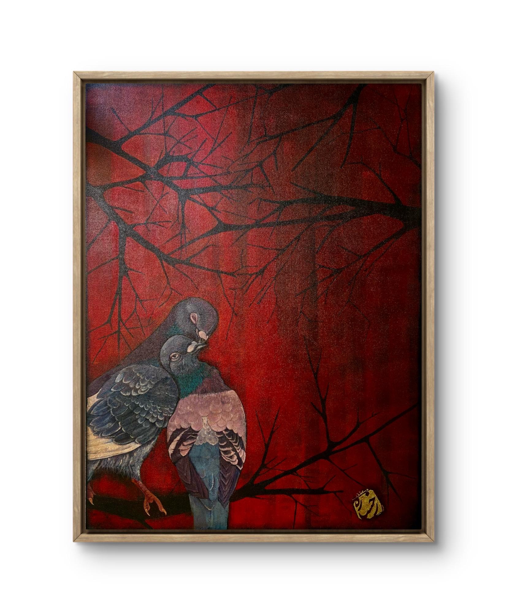 Original Pigeon Acrylic Painting – Red Abstract Nature Art, 30x40