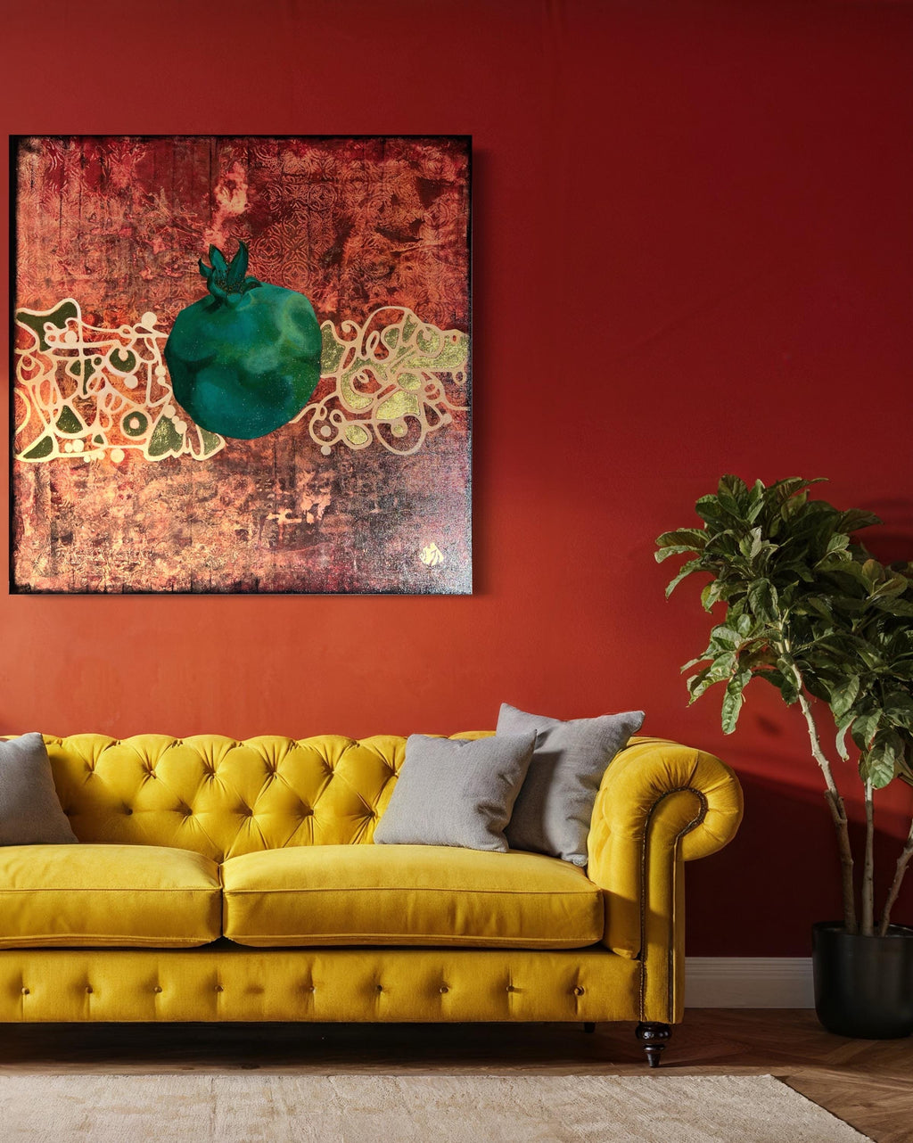 Abstract Pomegranate Painting – Red Texture Art with Teal Fruit