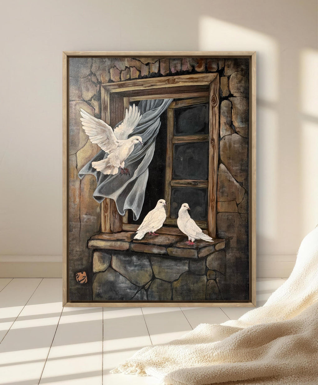 White Doves at the Old Window – Original Acrylic Painting on Canvas – Symbolic Peace & Freedom Art