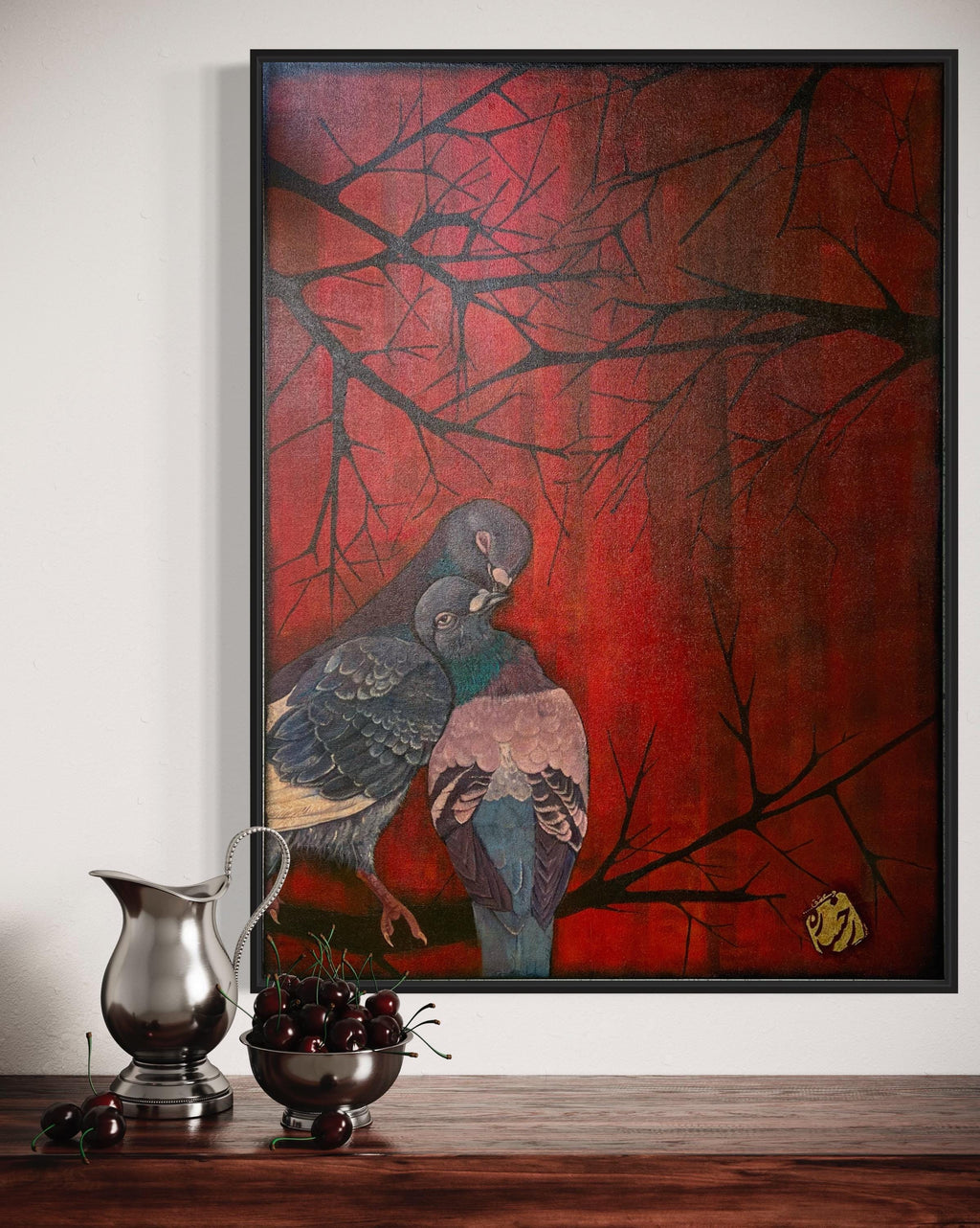 Original Pigeon Acrylic Painting – Red Abstract Nature Art, 30x40