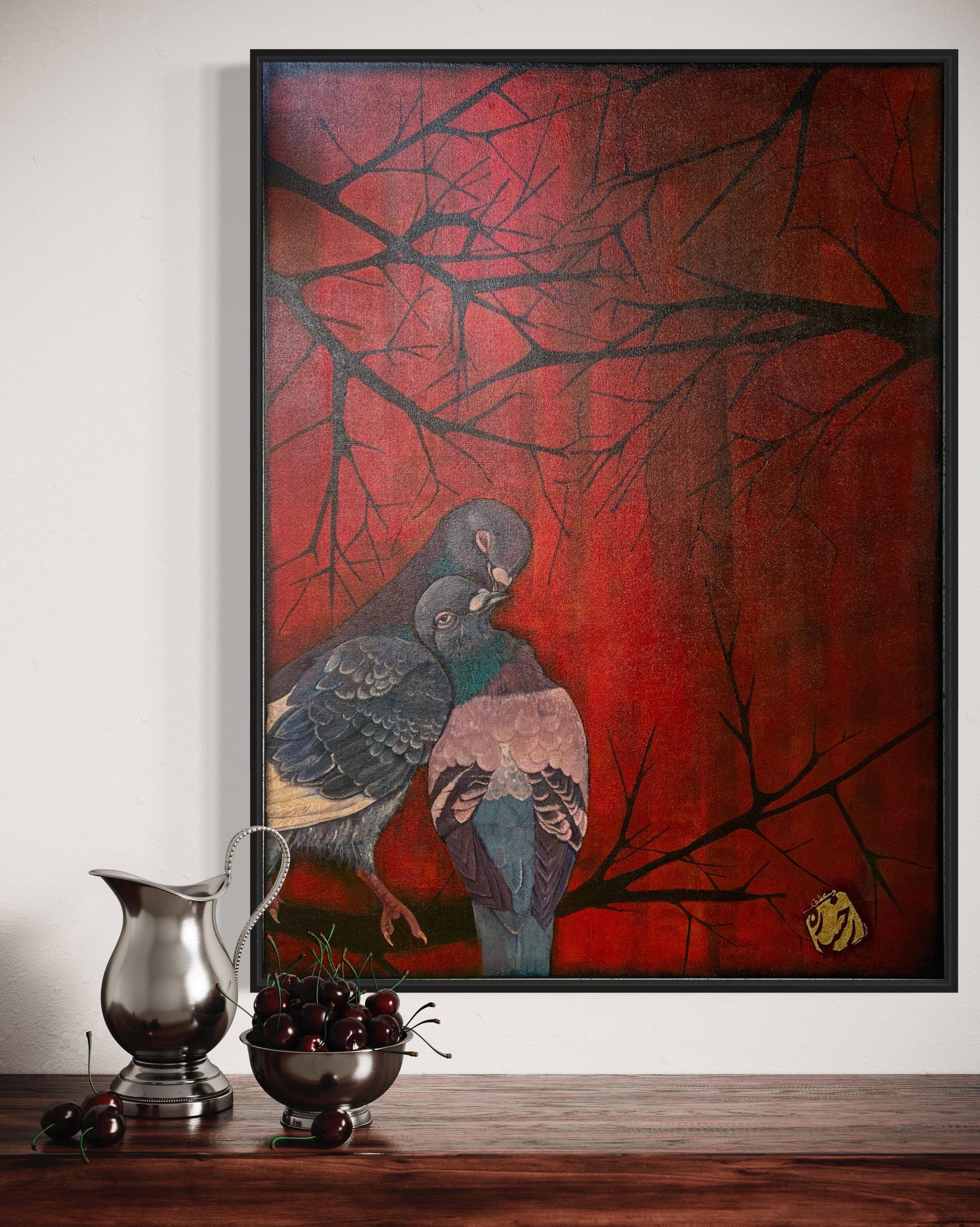 Original Pigeon Acrylic Painting – Red Abstract Nature Art, 30x40