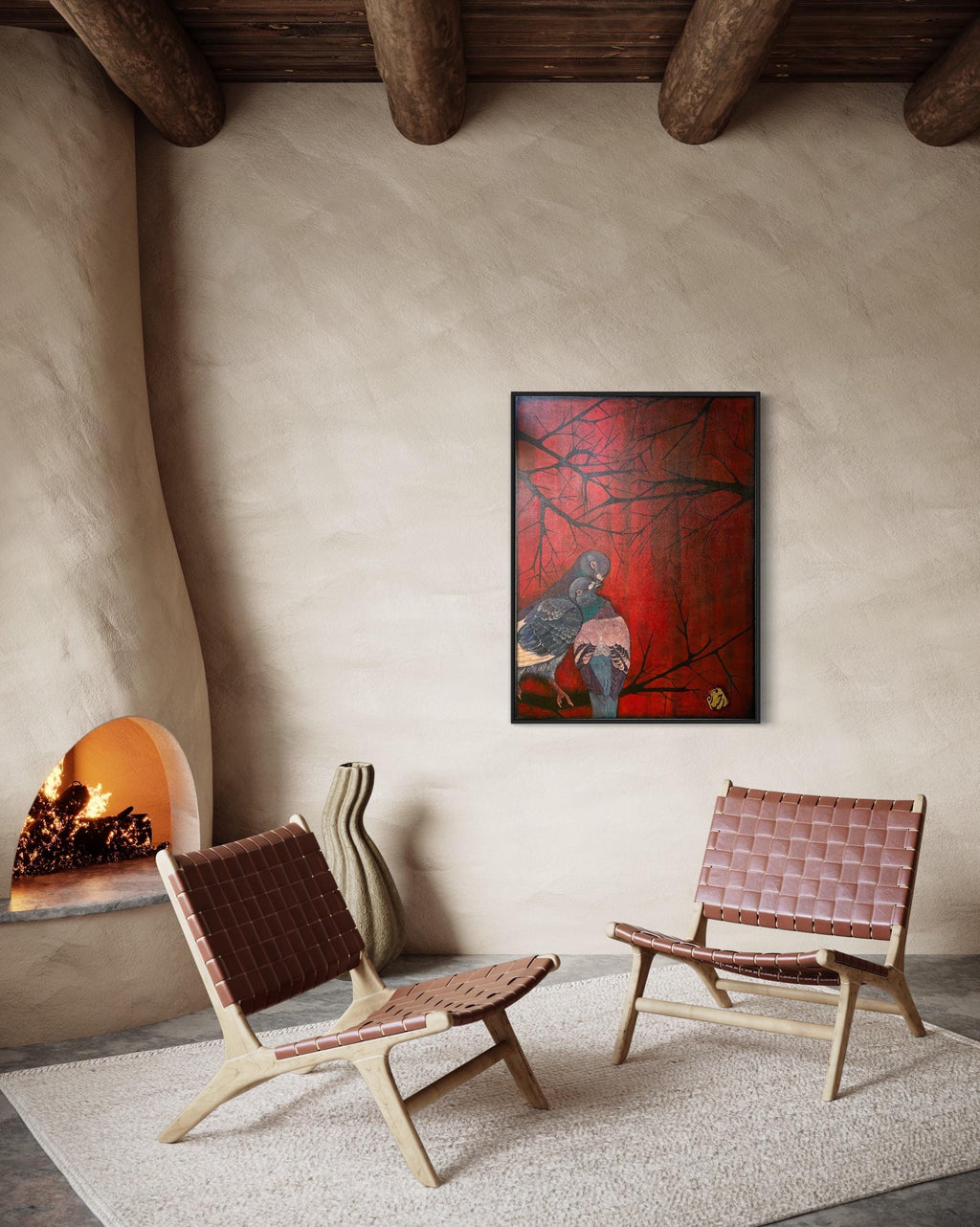 Original Pigeon Acrylic Painting – Red Abstract Nature Art, 30x40