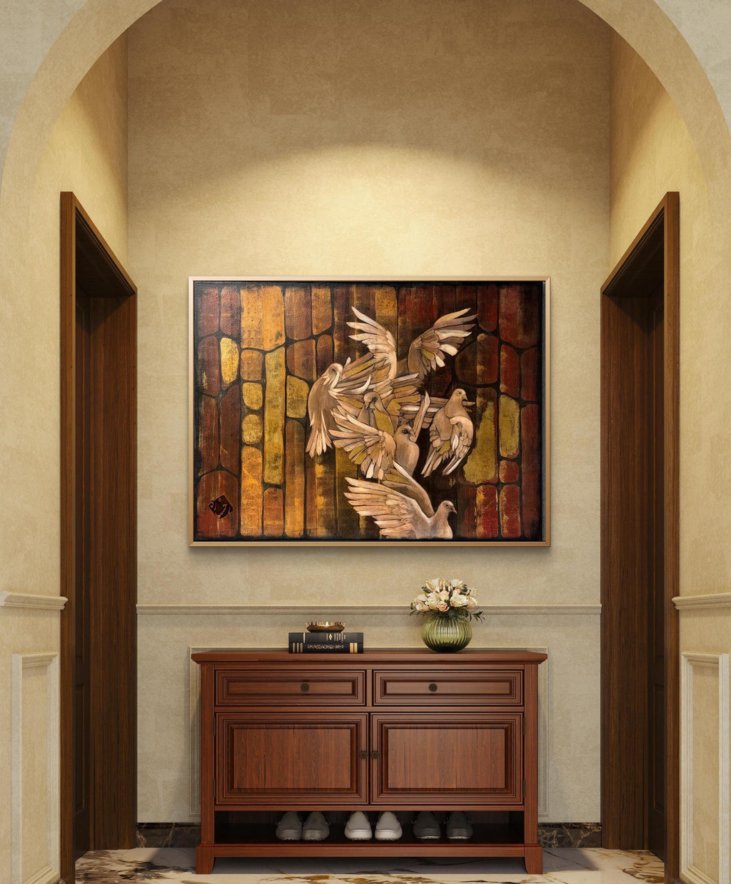 Golden Flight Dove Painting – Textured Acrylic Wall Art (30x40 in)