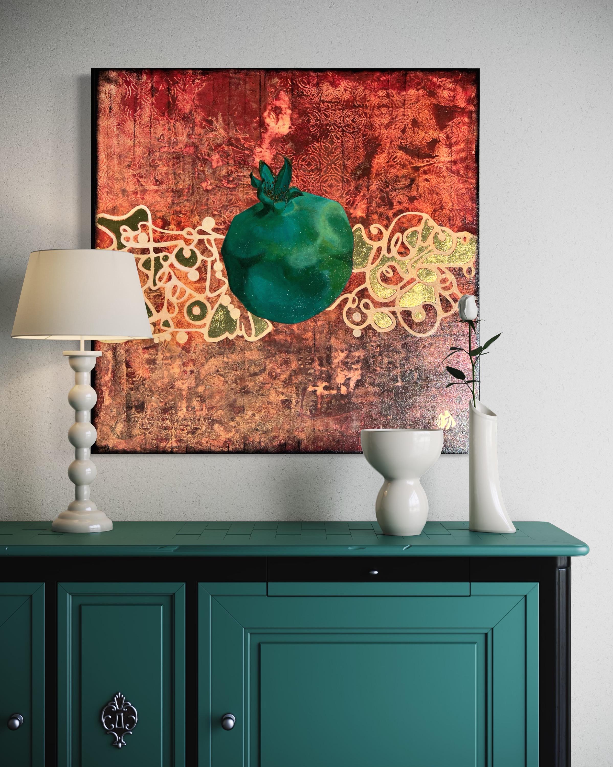 Abstract Pomegranate Painting – Red Texture Art with Teal Fruit