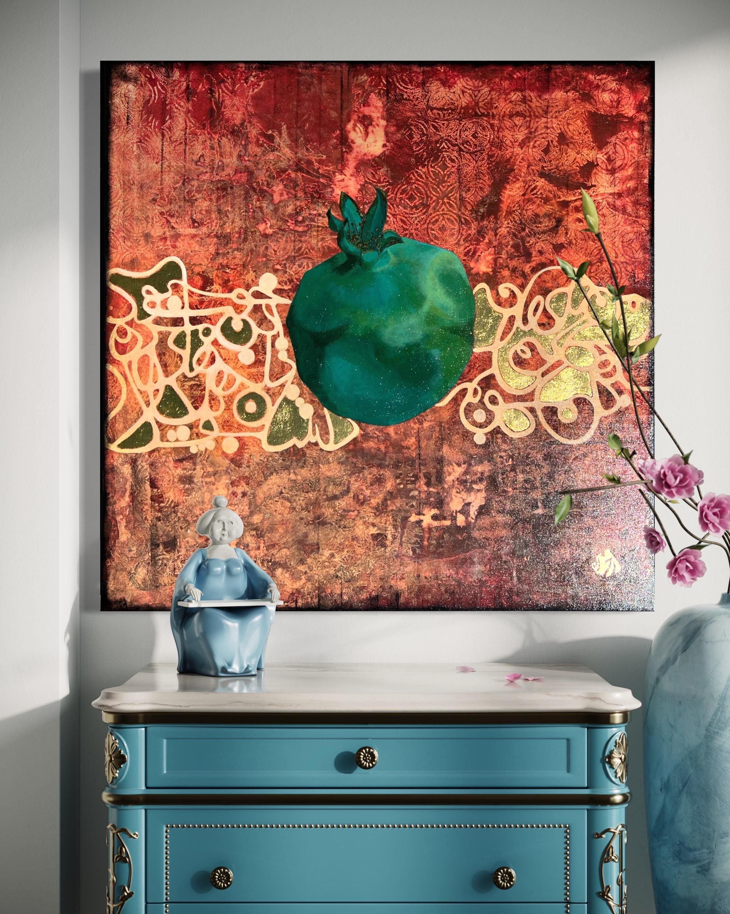 Abstract Pomegranate Painting – Red Texture Art with Teal Fruit