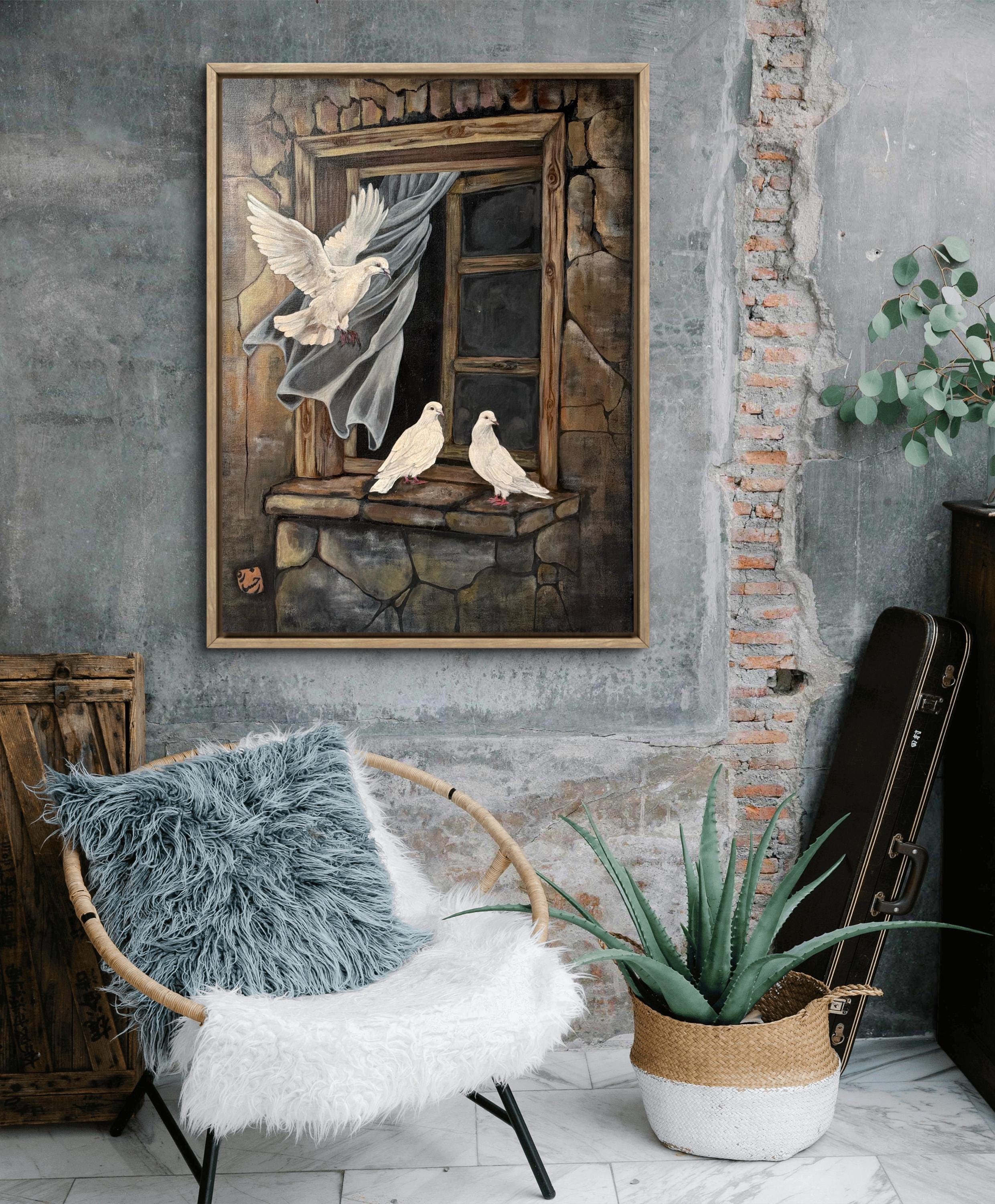 White Doves at the Old Window – Original Acrylic Painting on Canvas – Symbolic Peace & Freedom Art