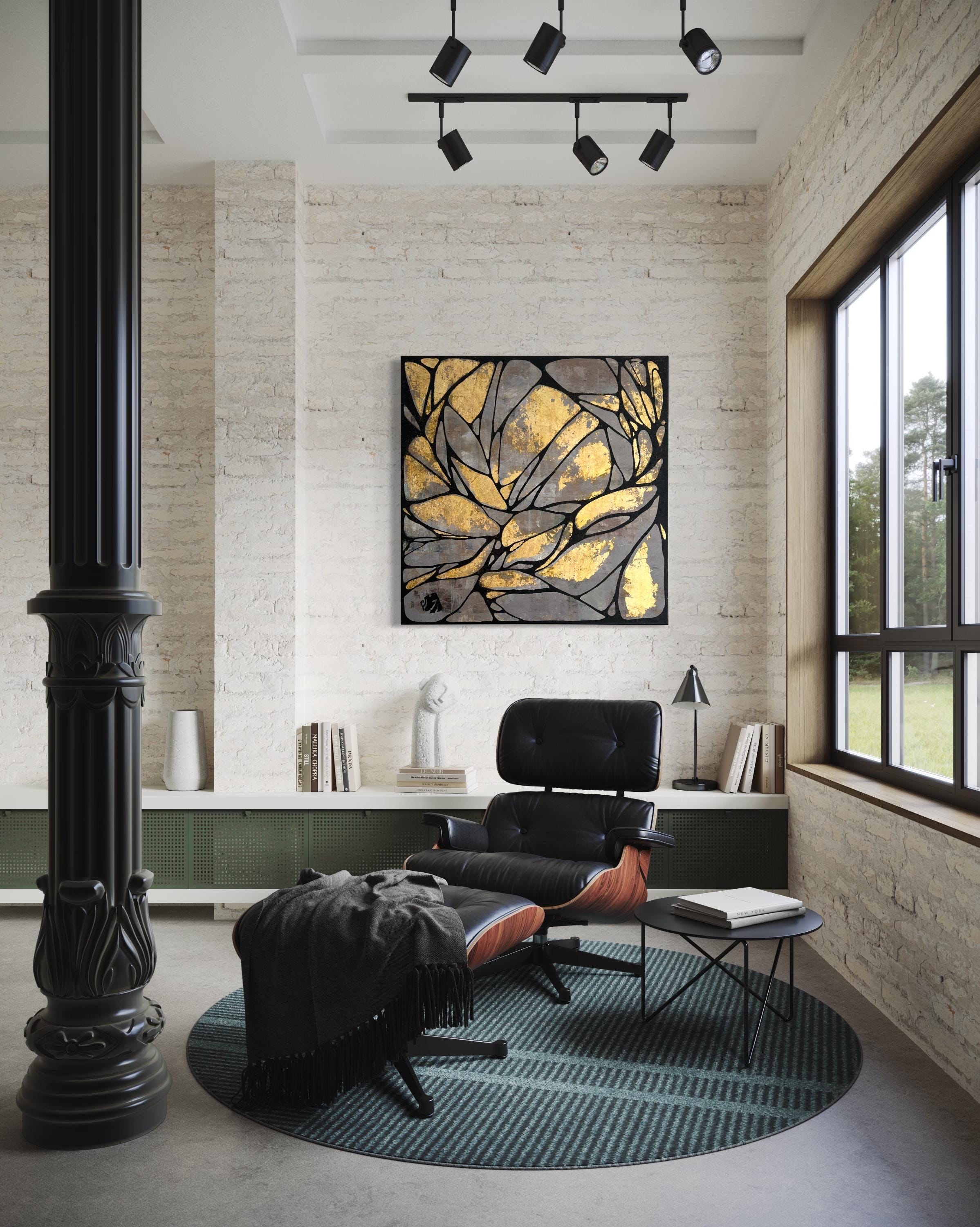 Abstract Gold Leaf Painting on Canvas – Modern Textured Art (36x36 in)