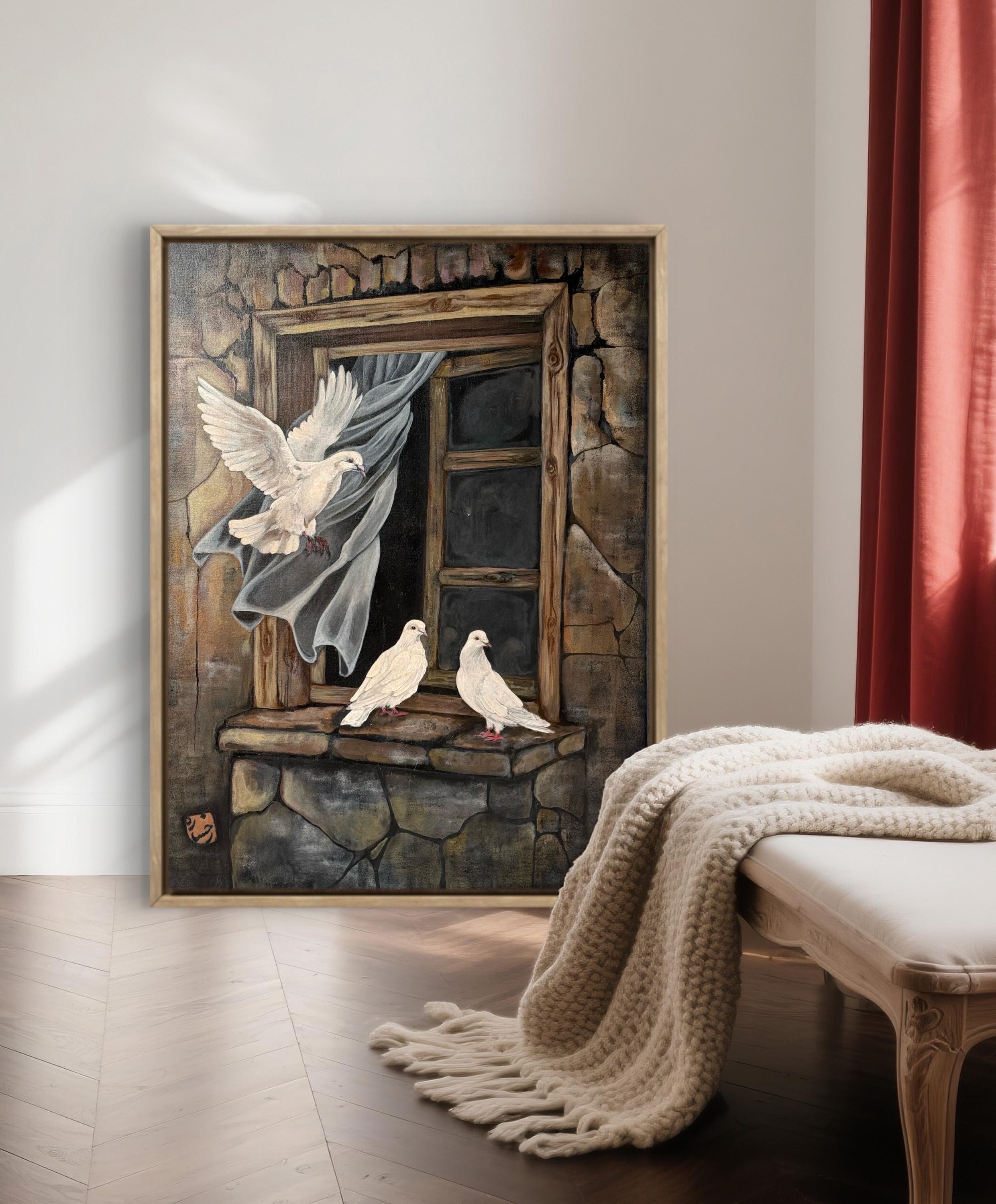 White Doves at the Old Window – Original Acrylic Painting on Canvas – Symbolic Peace & Freedom Art