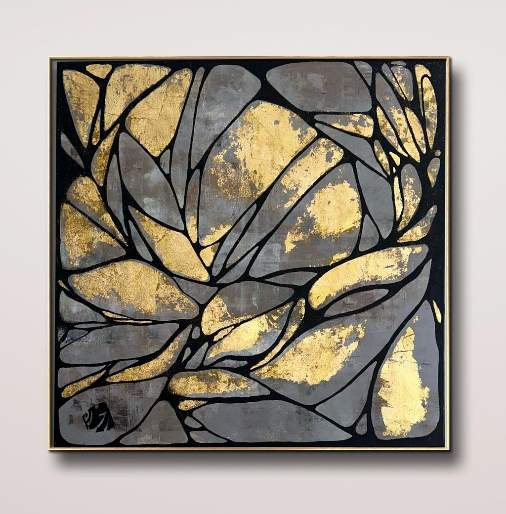 Abstract Gold Leaf Painting on Canvas – Modern Textured Art (36x36 in)