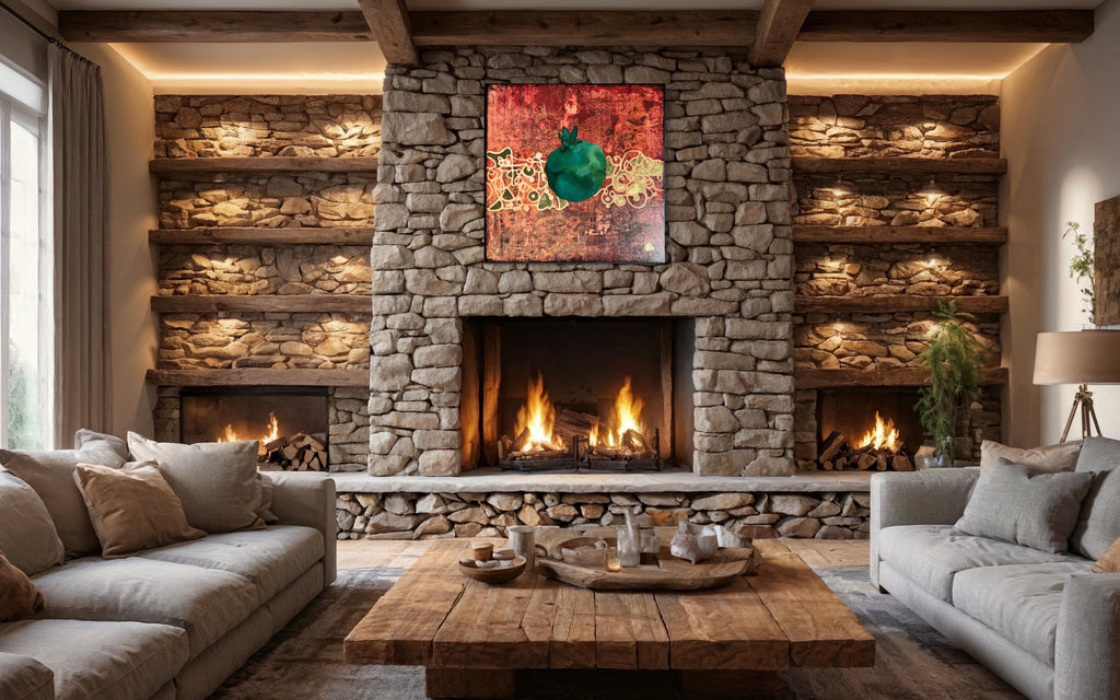 Abstract Pomegranate Painting – Red Texture Art with Teal Fruit