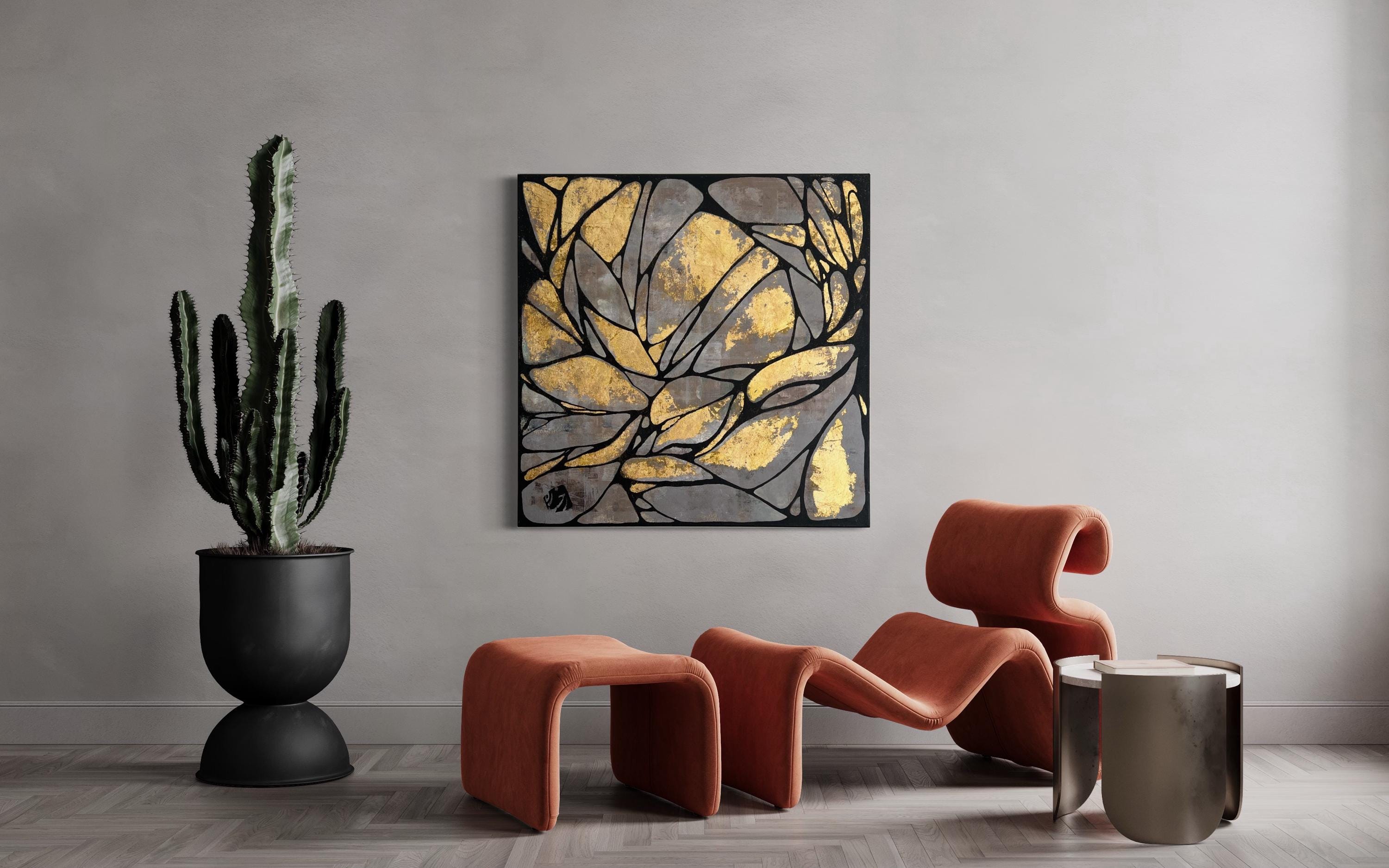 Abstract Gold Leaf Painting on Canvas – Modern Textured Art (36x36 in)